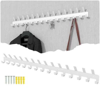A white coat rack with multiple hooks is shown, with a jacket hanging on one of the hooks.
