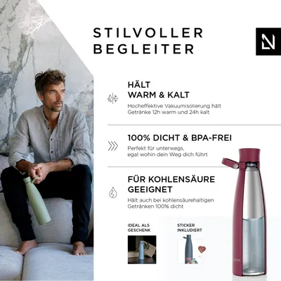 Obrázek produktu pro LARS NYSØM Láhev na pití z nerezové oceli | Izolovaná láhev bez BPA | Láhev na vodu, která se nevylévá, na sport, na kolo, pro psy, pro děti 750ml Berry