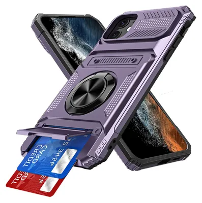 Produktbild von Dual Layer Hülle für iPhone 11 mit Kartenhalter, Magnetische Ring Ständer Militärschutz Stoßfeste Handyhülle Lila