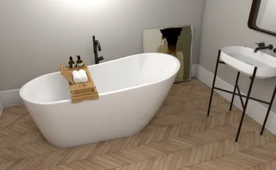 Produktbild von ECOLAM exklusive freistehende Badewanne Standbadewanne moderne Wanne freistehend Elma 150x80 cm + Bambus Ablage + Ablaufgarnitur Click Clack weiß