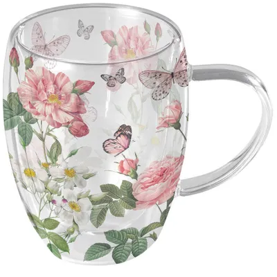 Produktbild von Doppelwandiger Glasbecher Ø 8,5 h 11 cm 0,35 L Amelia weiß Schmetterlinge