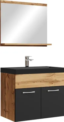 Immagine prodotto di Set completo di mobili da bagno Badmöbel Montreal 02 60 x 35 cm rovere con nero opaco - Mobili da bagno con lavabo nero e specchio