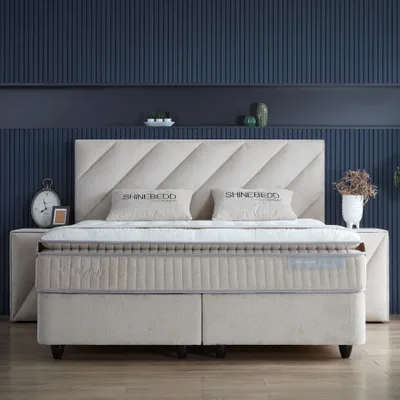 Produktbild von Pointhome Boxspringbett Set 180 x 200 H3/H4, Shinebedd Bett-Set mit Nachttischen, 5-lagige einseitige Taschenfederkern-Matratze mit Topper, Höhe 33 cm