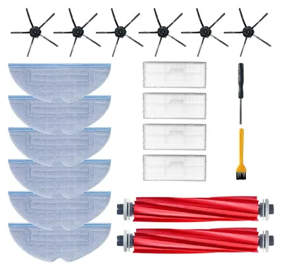 A collection of cleaning accessories for a robot vacuum cleaner, laid out on a white background.