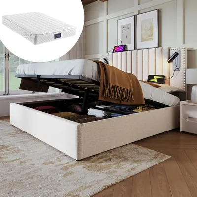 Produktbild von Polsterbett 160x200,Doppelbett Stauraum Bettkasten ,Leselicht mit USB Ladefunktion Kopfteil,Rückenlehne mit Nietendesign