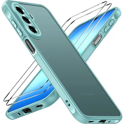 Productafbeelding van Beschermhoes met 2x gehard glas voor de Samsung Galaxy A17 4G/5G, voldoet aan militaire normen, schokbestendig, mat doorschijnend, turquoise