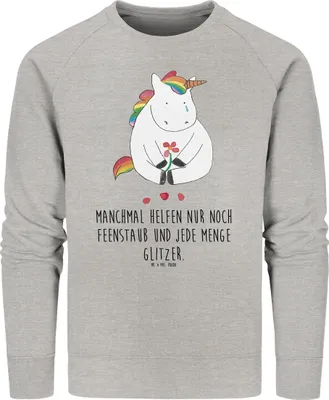 Produktbild von Mr. & Mrs. Panda Baumwoll Sweatshirt Einhorn Traurig Größe M - Heather Grey - Geschenk, Freunde, Sweater, Liebe, Unicorn, Trauer, Pulli, Pullover, Einhörner, Blume