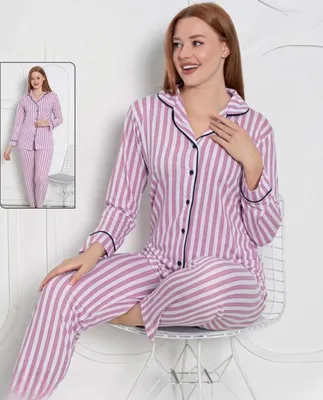 Produktbild von Damen Pyjama Schlafanzug Lang Rosa M Viskose mit Knöpfen 2 Teiler Warm L-47