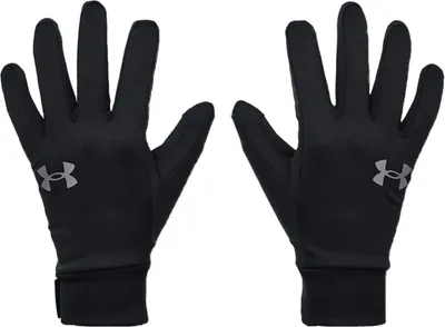 A pair of black Under Armour gloves shown from the front against a white background.