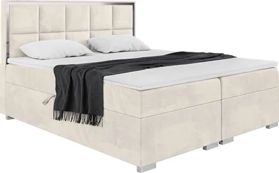 Produktbild von MEBLINI Boxspringbett mit Bettkasten - Gepolstert Doppelbett mit Matratze und Topper - Polsterbett mit Stauraum - Bett mit Kopfteil - Dani Silver - 180x200 - H3/Creme Samt