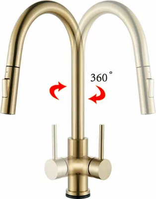 A gold kitchen faucet shown from the front, with a graphic indicating 360-degree rotation.