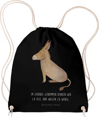 Produktbild von Mr. & Mrs. Panda Turnbeutel Esel - Schwarz - Geschenk, Mut, Weisheit, Beutel, Ziel, Zuversicht, gym tasche, rucksack stoff, Tapferkeit, Jutebeutel, Lustige Sprüche
