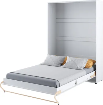 A white wall bed is shown in its open position, with a mattress and pillows on it.