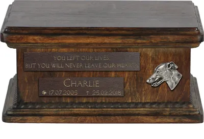 Produktbild von Greyhound, Grosser Englischer Windhund - hölzerne Urne für die Asche eines Hundes, personalisierte Urne mit Gravur, kleine Urne für Hundesasche von der Marke Art-Dog