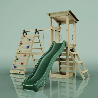 Produktbild von OutdoorToys Spielturm Sevilla aus Holz in Dunkelgrün mit Kinderschaukel