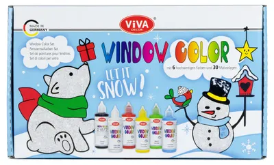 Produktbild von Viva Decor Window Color Set Let it Snow, 6 x 80 ml Fensterfarbe für Winter und Weihnachten mit Hologrammfarbe, Malfolie und 30 Motiven