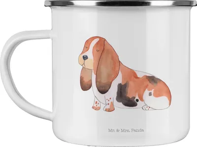 Produktbild von Mr. & Mrs. Panda Haferl Hund Basset Hound - Weiß - Geschenk, Pott, Emaille Tasse, becher, Sprüche, Teetasse, Kaffeepott, Süß