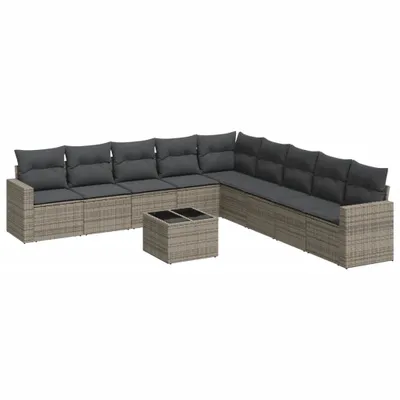 Produktbild von vidaXL 10-tlg. Garten-Sofagarnitur mit Kissen Grau Poly Rattan