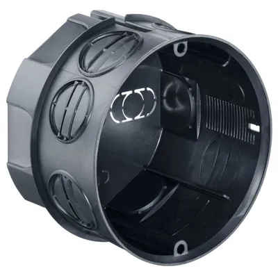 A black plastic junction box with multiple circular openings and internal compartments, shown against a white background.