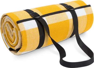 Image de Couverture de pique-nique ASKSA Couverture de camping Couverture de pique-nique de plage Imperméable Avec poignée de transport Léger Compact Portable,Jaune-Blanc,Taille:150x200cm