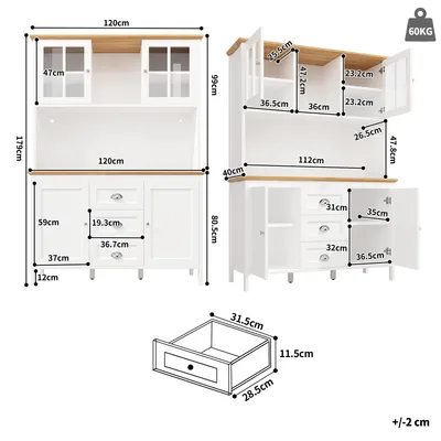 Produktbild von Seitenschrank 120 x 40 x 179 cm mit LED-Beleuchtung, 4 Türen, 3 Schubladen und offenem Regal, Weiß