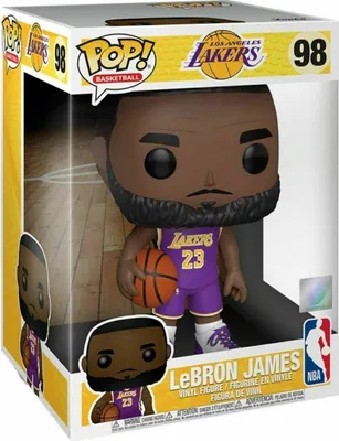 A Funko Pop! vinyl figure of LeBron James in his Los Angeles Lakers uniform, displayed in its original packaging.