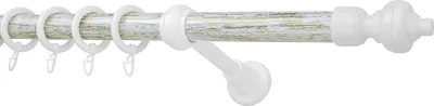 A curtain rod with rings and hooks, shown against a white background.