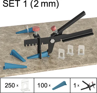 Produktbild von Fliesen Nivelliersystem Verlegehilfe Fliesen Plan System, Set 1, 250 Laschen, 100 Keile, Zange, 2 mm