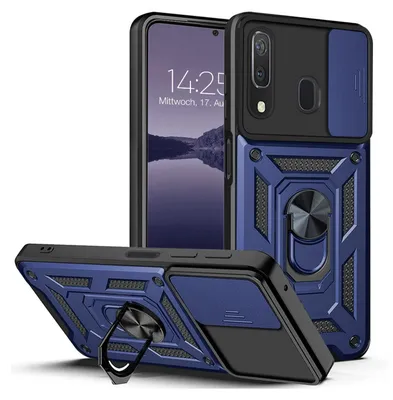 A blue and black armor phone case with a ring stand is shown from multiple angles, with a phone inside one of the cases displaying the time and date.