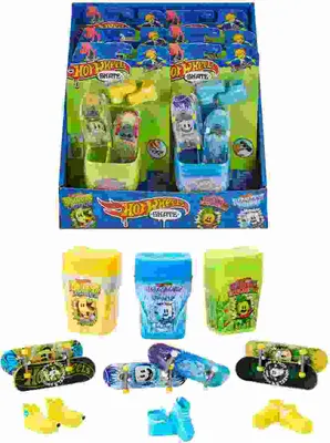 Produktbild von Hot Wheels Action Skate Flavor Container mit 2 exklusiven Fingerboards und 1 Paar abnehmbaren Skateboard-Schuhen in einem Aufbewahrungsbehälter, Griffbrett, 5 Jahr(e), Kunststoff, Gemischte Farben