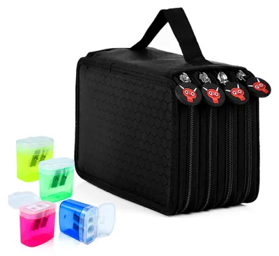 Produktbild von Federmäppchen mit 4 Fächern, geeignet für Jungen und Mädchen, inklusive 4 Anspitzern, große Kapazität, ideal für Schule und als Geschenk, Kunststudenten, Schulmäppchen - Schwarz