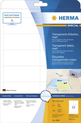 Obrázok produktu pre HERMA 4586 - Transparentný - Zaoblený obdĺžnik - Permanentný - A4 - Univerzálny - Polyester
