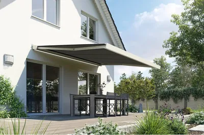 Produktbild von SOLUNA Kassettenmarkise Modern 6x3 Stoff Dessin 320994 Gestell RAL 9010 reinweiß Antrieb rechts inkl. Motor und Wandscha