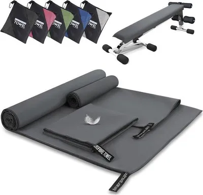 Obrázok produktu pre Sada uterákov do posilňovne a na pláž, rozmery 180 x 80 cm, tmavošedá farba, rýchloschnúce, kompaktné uteráky, mikrovlákno