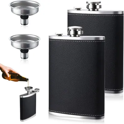 Imagen del producto de Botella de acero inoxidable para llevar - Juego de 2 - 227 ml - Botellas de acero inoxidable con 2 embudos - Para ginebra y licores de todo tipo