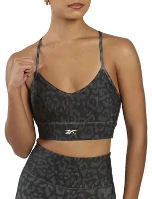 Zdjęcie produktu dla Reebok – sportowy biustonosz z nadrukiem i wycięciem z tyłu, czarny, rozmiar M, damski, czarny, rozmiar M