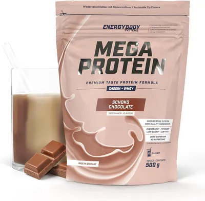 Produktbild von Energybody Mega Protein "Schoko", Proteinpulver mit Whey und Casein, Eiweißpulver, 500 g Beutel