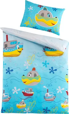 Produktbild von Baby-Renforce-Bettwäsche - 100 x 135 cm - Blau - Gelb - Rot - Robbenmotive - mit Reißverschluss