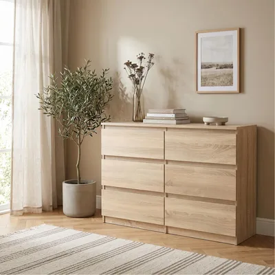 Produktbild von Masseno Kommode NUDO 120 cm Sideboard mit 6 Schubladen und  Türen für Wohnzimmer Schlafzimmer Modern 120x39x78,5 cm Sonoma Eiche / Sonoma Eiche