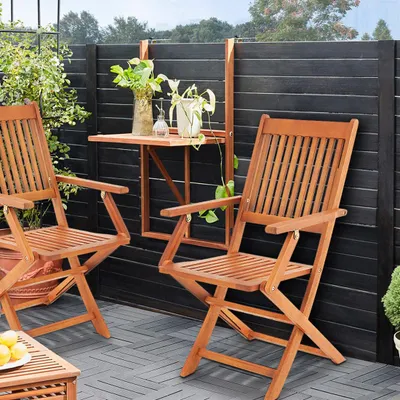 Image de Casaria Set de balcon 3 pièces en bois d'Acacia 1 table suspendue et chaises pliable 65x45x87cm certifié FSC salon de jardin
