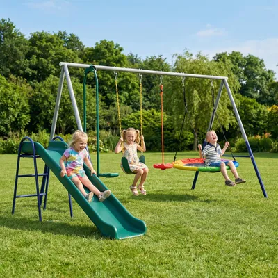 Produktbild von Schaukelgestell 5-in-1 mit Rutsche, höhenverstellbar, Nestschaukel, Gurtschaukel, Stahl, Mehrfarbig | 382x196x203 cm | bis 350 kg | für 3–8 Jahre