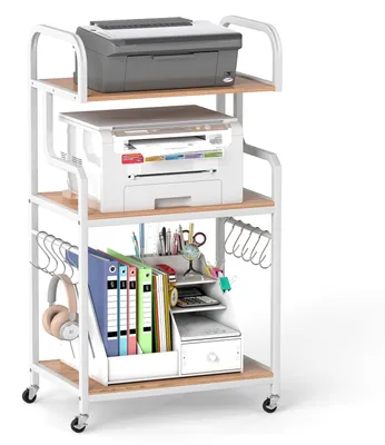 Produktbild von KOMFOTTEU 3-stufiger Druckerständer, Druckertisch mit 4 Universalrollen, 2 feststellbar, mobiler Druckerschrank mit Metallrahmen, Druckerwagen Rollwagen, Bürotisch, Aufbewahrungsregal für Drucker & Scanner