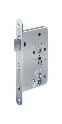 A silver-colored door lock mechanism is shown against a white background.