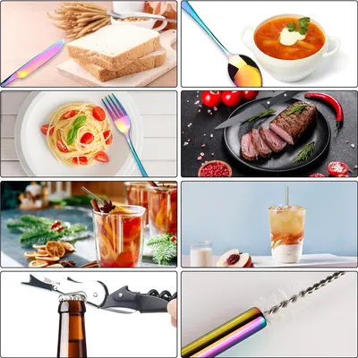 Produktbild von 9-teiliges Edelstahl Besteckset mit Bestecktasche - Tragbares Campingbesteck - Campingbesteckset - Bunt