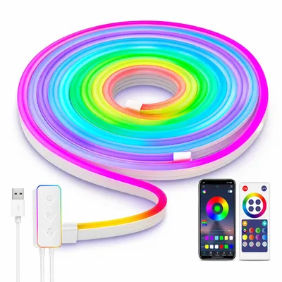 Produktbild von LED Streifen 3m RGBIC Neon Lichterband - LED Strip mit Musik-Sync & Bluetooth Fernbedienung/App- USB Neon Lichtleiste für Gaming Zimmer Deko