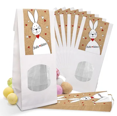 Produktbild von 10 kleine weiße Papiertüten Ostertüten Geschenktüten MIT FENSTER und Pergamin-Einlage 7 x 4 x 21,5 cm + 10 Osteraufkleber 5 x 15 cm Ostern Osterhase rot weiß Herz Verpackung Frohe Ostern25 Stück