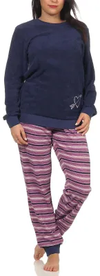 Produktbild von Damen Frottee Pyjama mit Bündchen - Hose gestreift, Oberteil mit Herz Motiv - 291 13 901 ; marine , 48/50