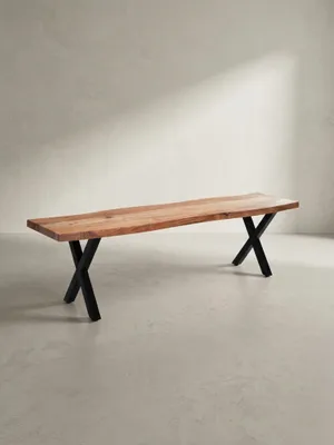 Produktbild von Esszimmerbank 120x40x45,5 cm Akazie Massivholz / Metall mit Baumkante, Esstischbank Modern, Holzbank Massiv ohne Lehne, Küchenbank Essbank mit X-Beinen, Sitzbank Esszimmer Klein