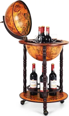 Zdjęcie produktu dla KOMFOTTEU Wózek barowy Globus, minibar na kółkach, stojak na wino o klasycznym designie, szafka barowa na wino, napoje (brązowy)