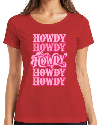 Immagine prodotto di Maglietta da donna a tema country western con la scritta "Howdy Dolly Parton Cowgirl" e un motivo retrò, colore rosa, taglia 3XL